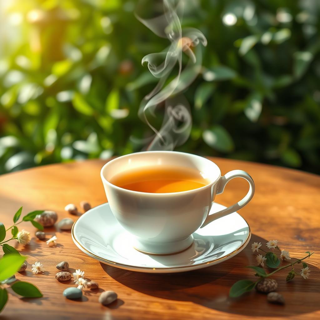 A serene tea cup placed on a beautifully polished wooden table, surrounded by an aura of mystical zen and enlightenment