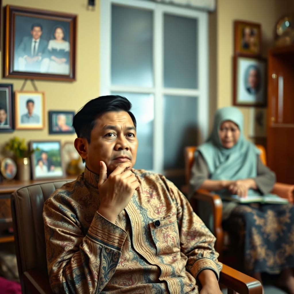A thoughtful Indonesian man in traditional batik attire sitting in a cozy room, deep in contemplation about life choices between marriage and caring for his elderly mother