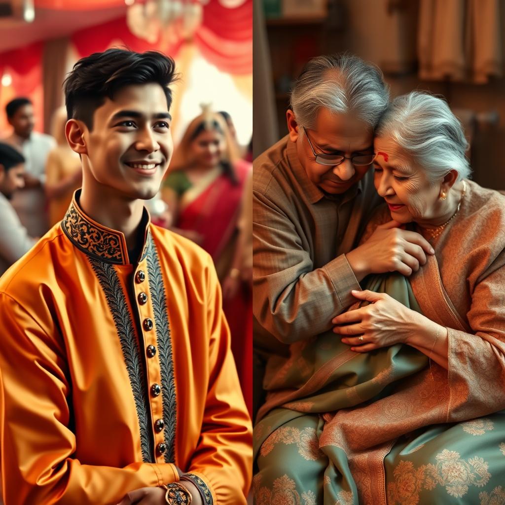 A heartwarming scene featuring a young man in traditional attire contemplating an important life choice