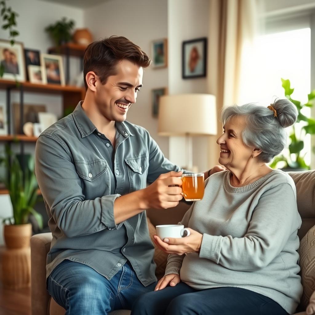 A heartwarming scene depicting a man lovingly caring for his elderly mother