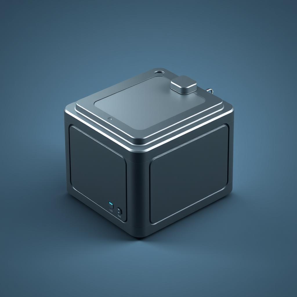 A realistic 3D illustration of a prismatic battery, rectangular in shape with smooth metallic edges, featuring a matte finish and small technical details such as terminals, ventilation holes, and charge indicators