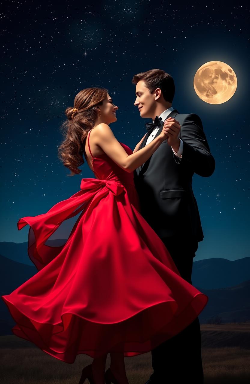 A close-up view of an elegant, romantic scene featuring a beautiful couple dancing under a starry night sky