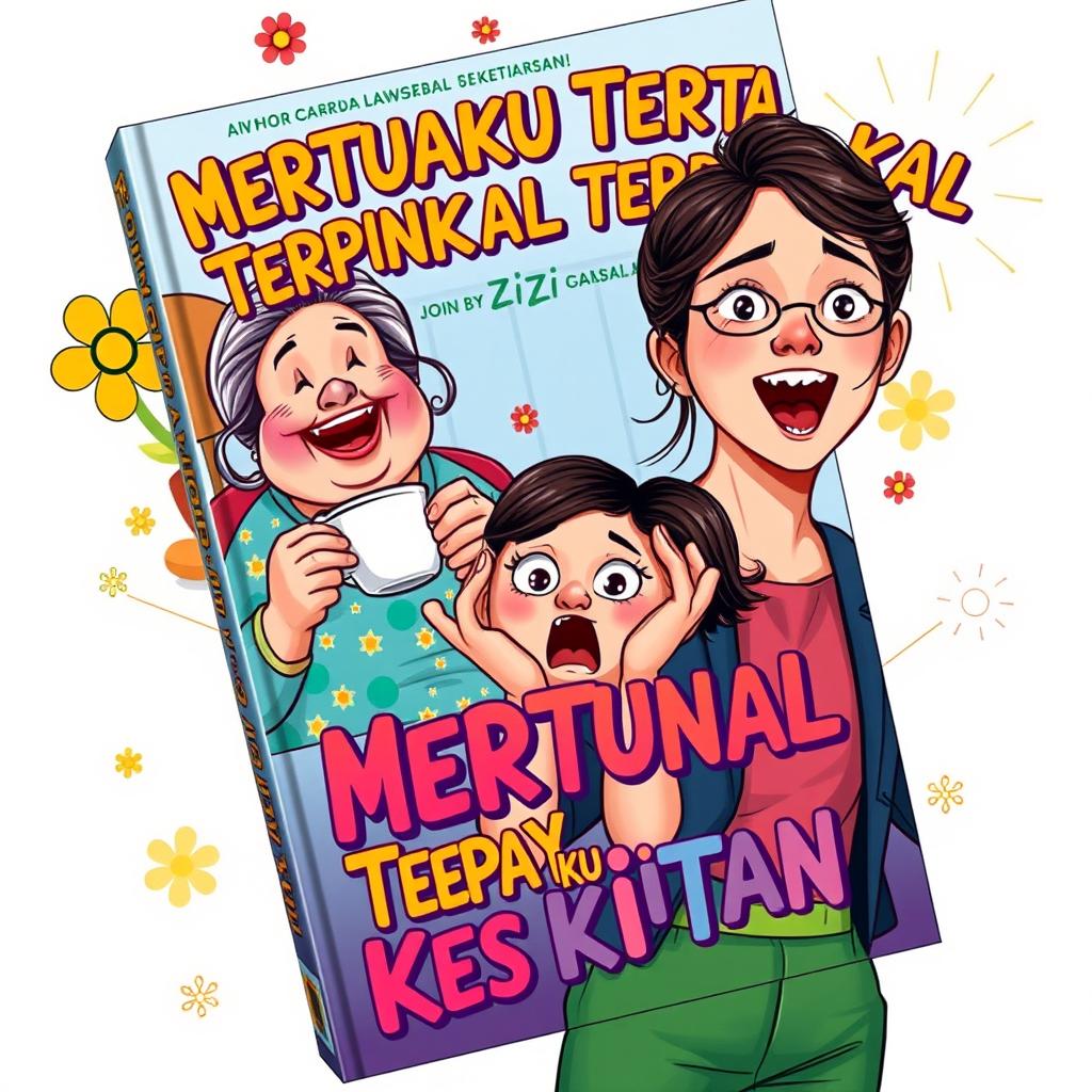 A captivating cover design for a novel titled "Mertuaku Tertawa Terpingkal Saat Aku Kesakitan" by Zizi