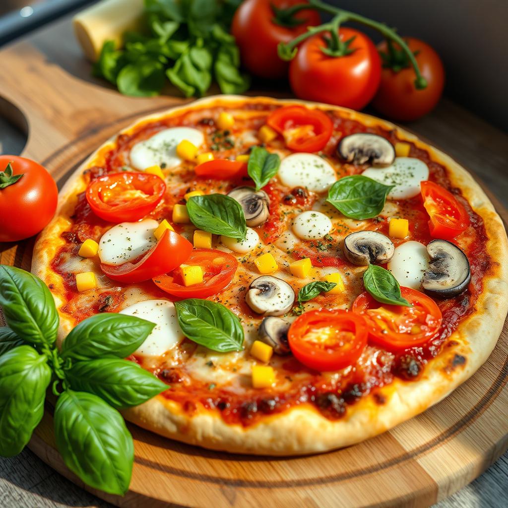 An appetizing close-up of a freshly made pizza topped with fresh tomatoes, sweet corn, and a medley of colorful bell peppers (capsicum) in red, yellow, and green, alongside sliced mushrooms, all combined with melted mozzarella cheese