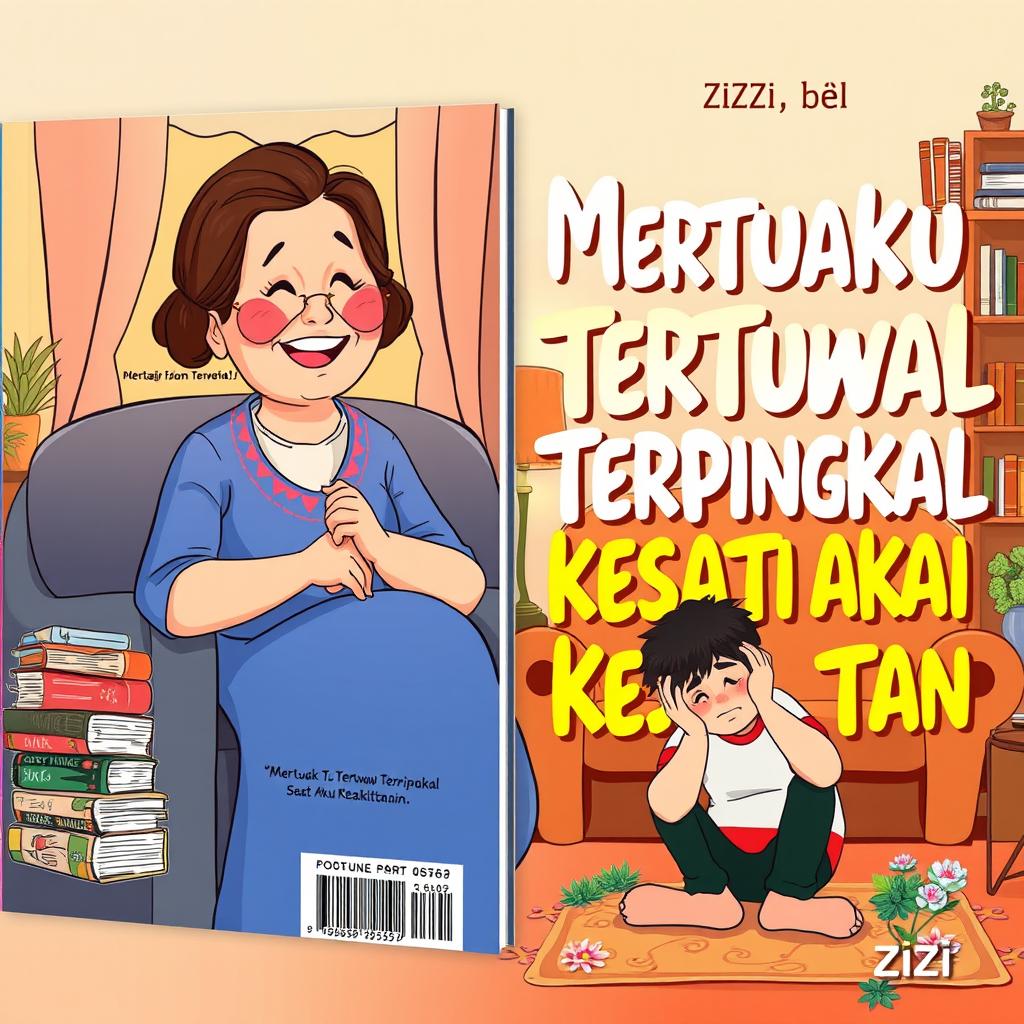 A captivating novel cover design for a book titled "Mertuaku Tertawa Terpingkal Saat Aku Kesakitan" by Zizi