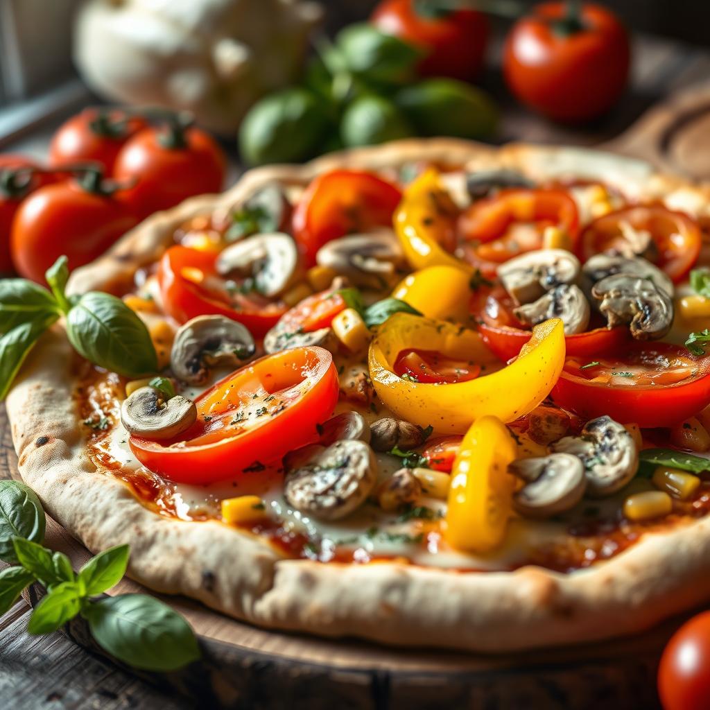 An appetizing close-up of a freshly made pizza topped with vibrant bell peppers (capsicum) in red, yellow, and green, fresh tomatoes, sweet corn, and sliced mushrooms, all combined with melted mozzarella cheese creating a delicious contrast