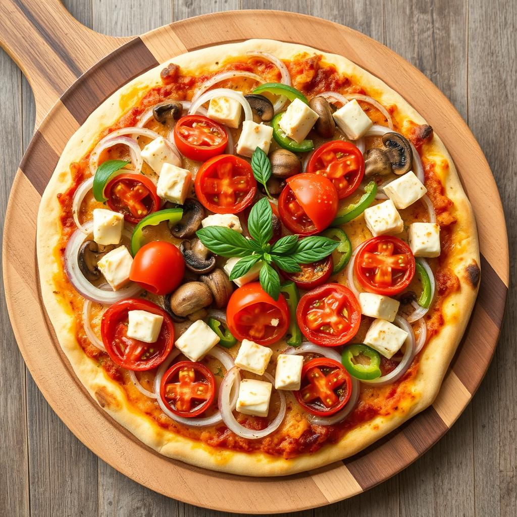 A mouthwatering pizza topped with a delightful combination of fresh ingredients: thinly sliced onions, tender mushrooms, creamy cubes of paneer, and vibrant green capsicum, all beautifully arranged over a cheesy, golden crust