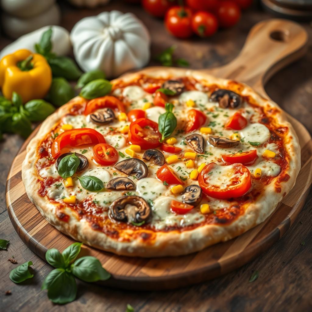 A deliciously crafted pizza topped with an array of colorful bell peppers (capsicum) in vibrant red, yellow, and green, alongside juicy tomatoes, sweet corn, and earthy sliced mushrooms, all perfectly melted under a blanket of gooey mozzarella cheese