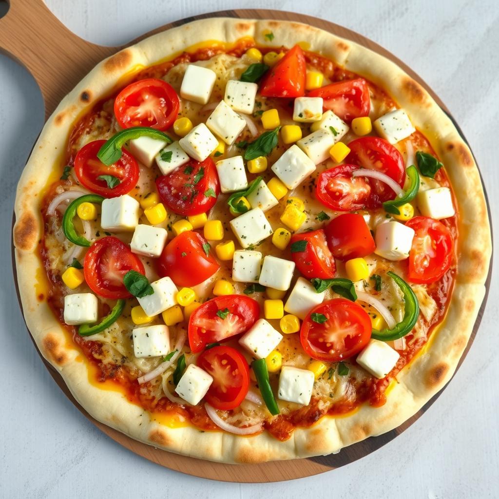 An irresistible pizza loaded with delicious toppings: juicy, plump tomatoes, soft and creamy paneer cubes, sweet corn kernels, crunchy green capsicum, and thinly sliced onions, all harmoniously combined over a cheesy layer of melted mozzarella