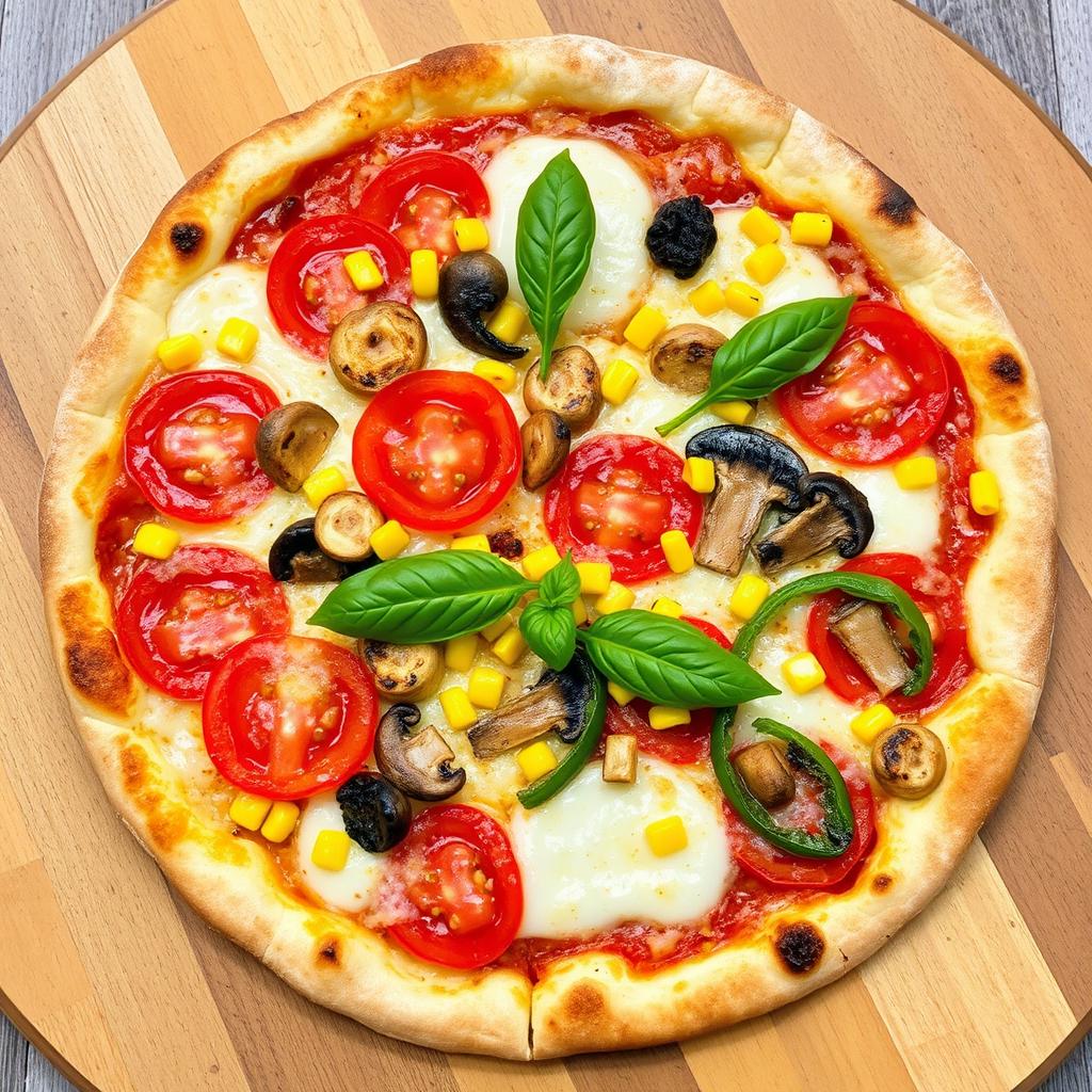 An enticing pizza showcasing well-balanced toppings, featuring fresh, vibrant red tomatoes, sweet golden corn, tender mushrooms, and crunchy green capsicum, all generously layered beneath perfectly melted mozzarella cheese