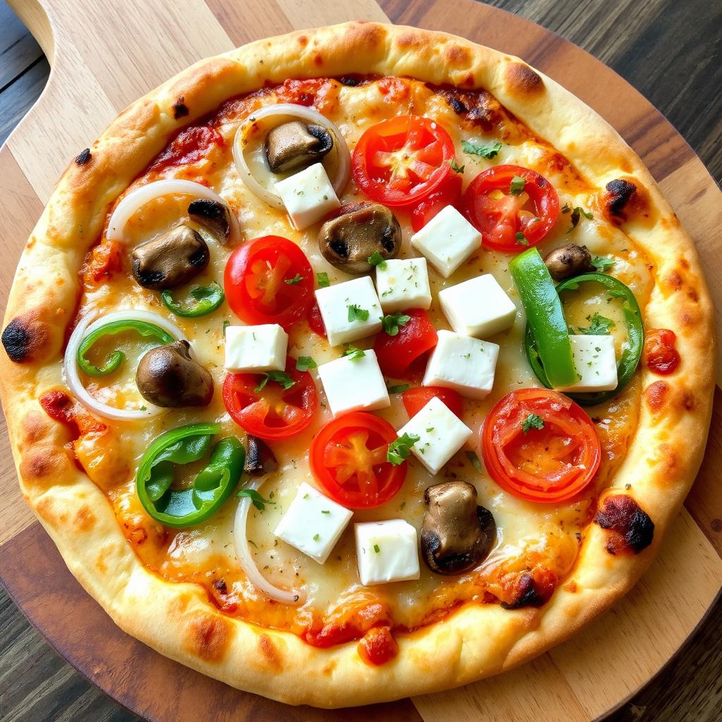 A delectable pizza artfully assembled with fresh ingredients: crispy slices of onions, tender mushrooms, creamy paneer cubes, and vibrant green capsicum all placed atop a beautifully baked, cheesy crust