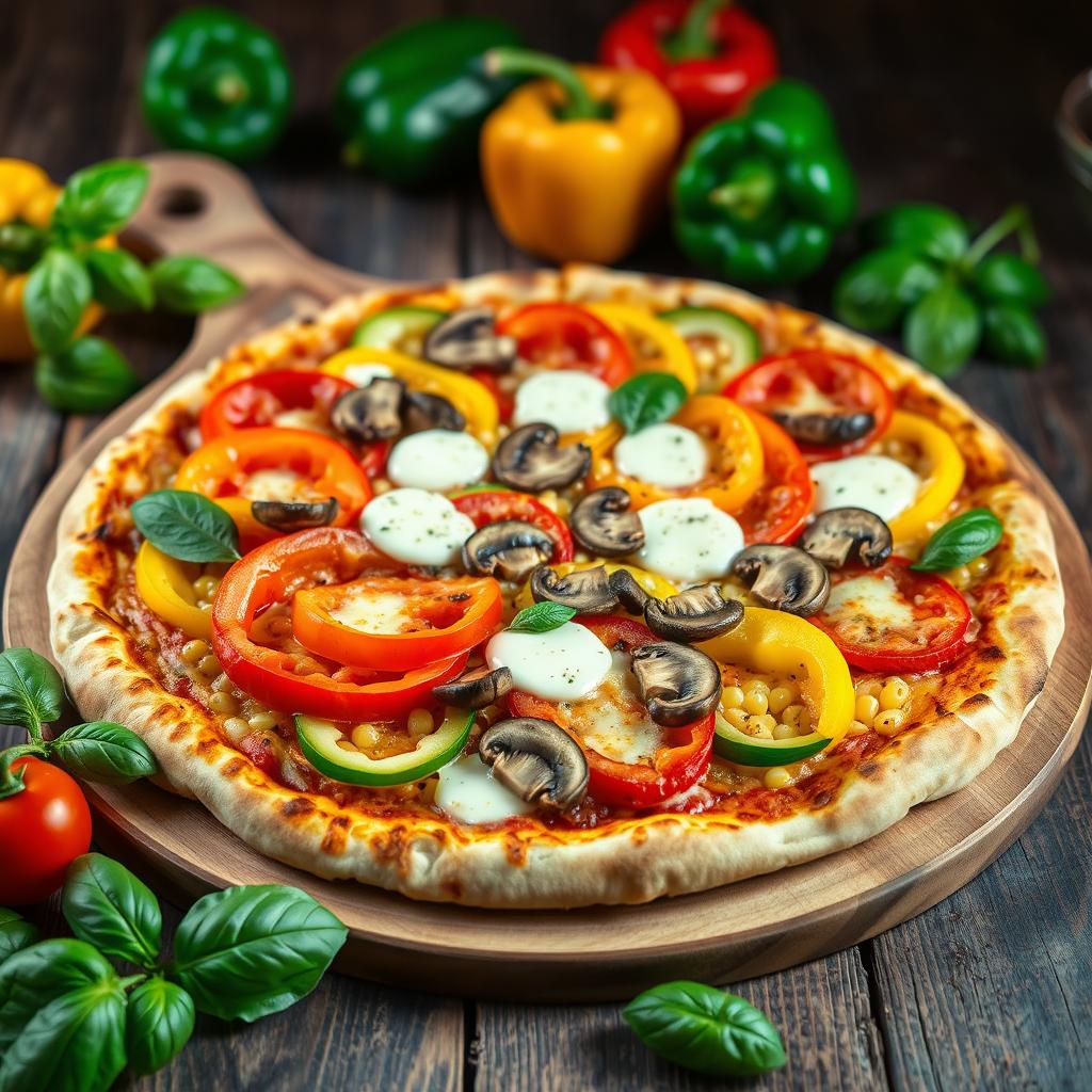 A beautifully crafted gourmet pizza showcasing vibrant bell peppers (capsicum) in an array of colors including red, yellow, and green, alongside succulent slices of fresh tomatoes and an abundance of sweet corn