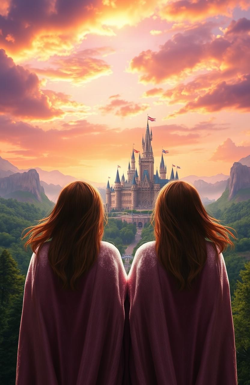 Two identical twins standing side by side, facing away from the viewer, gazing at a magnificent fantasy kingdom in the distance