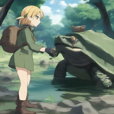 In the anime 'The Saga of Tanya the Evil', the main character encounters an alligator snapping turtle while exploring a new world.