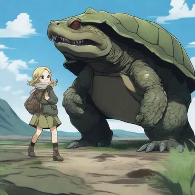 In the anime 'The Saga of Tanya the Evil', the main character encounters an alligator snapping turtle while exploring a new world.
