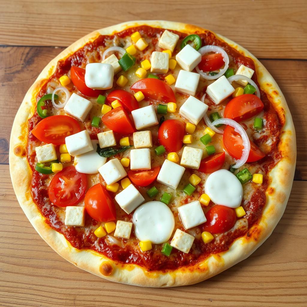 A tempting, freshly prepared pizza featuring juicy tomatoes, soft paneer cubes, sweet corn, crunchy green capsicum, and sliced onions