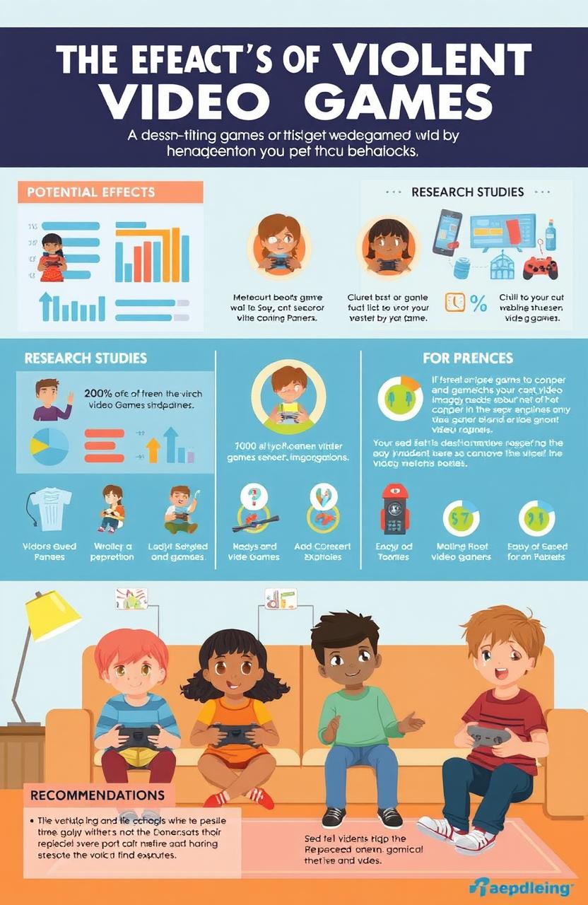 An educational infographic illustrating the effects of violent video games on children's behavior, with visual elements like charts, statistics, and drawings of children engaging with video games in a living room setting