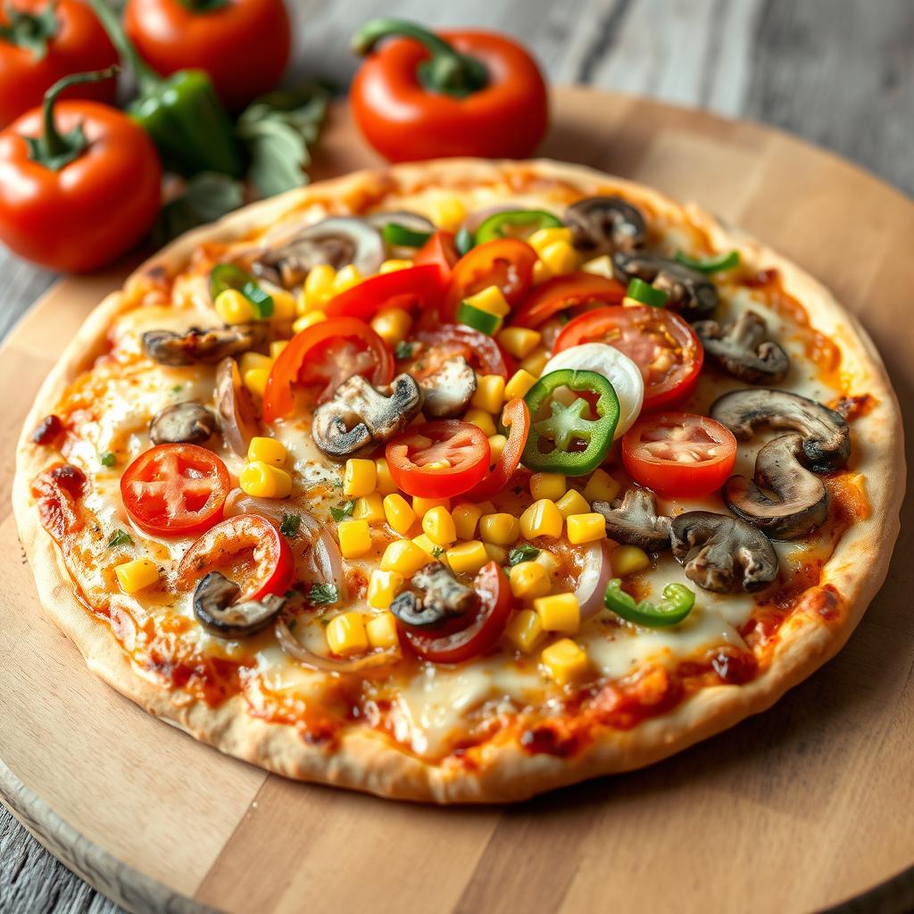 A mouthwatering pizza featuring a generous layer of gooey cheese topped with crunchy onions, fresh sliced tomatoes, sweet corn, sliced mushrooms, and vibrant capsicum (bell peppers) in various colors