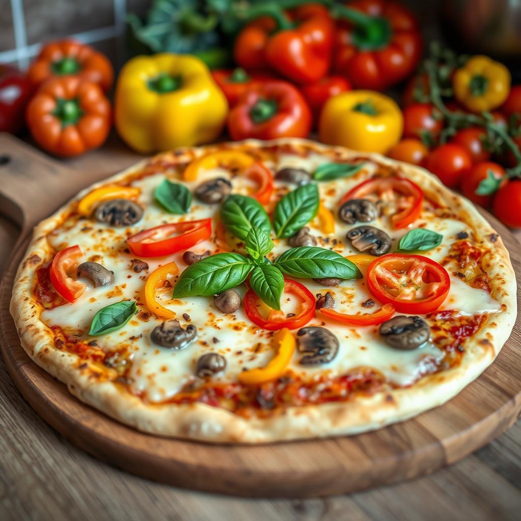An indulgent pizza topped with an extra layer of ooey-gooey cheese, accented by vibrant bell peppers in red, yellow, and green, fresh tomato slices, and savory mushrooms