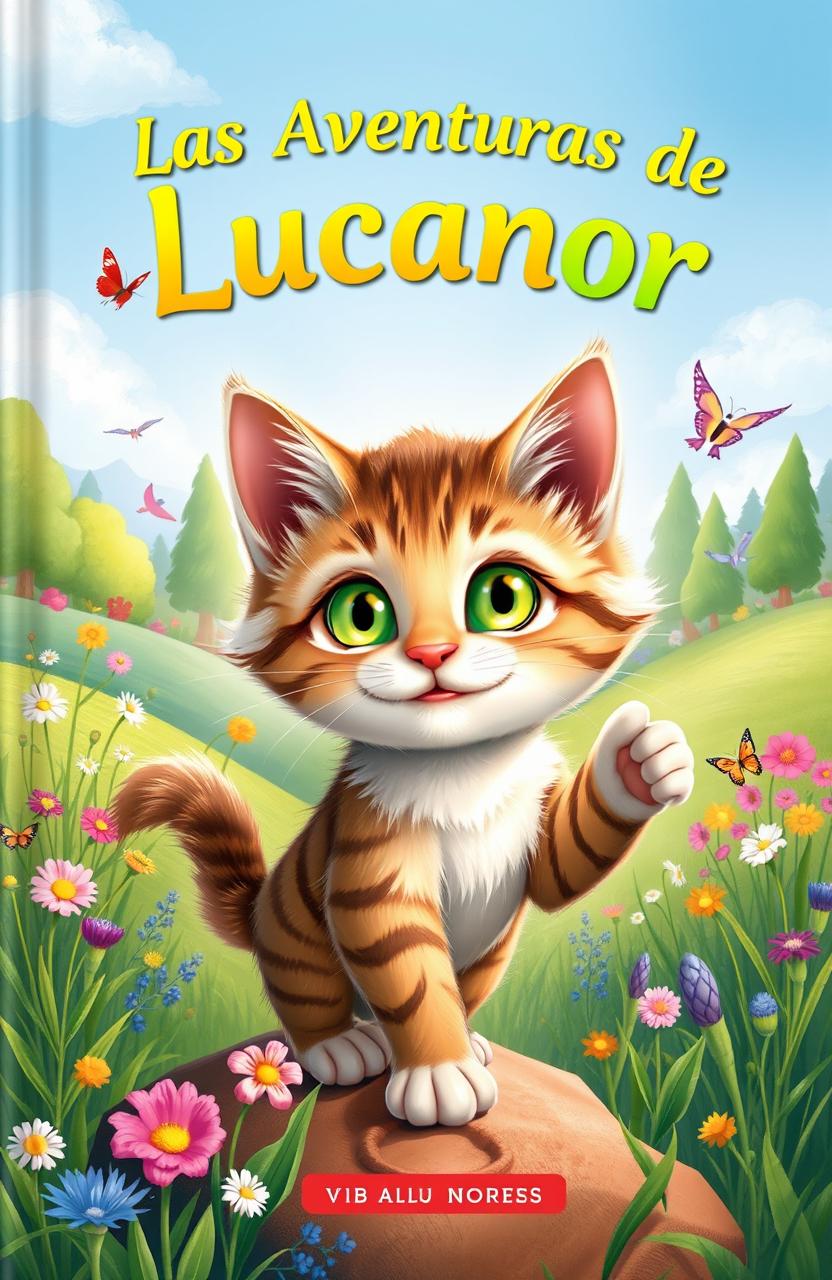 A whimsical book cover featuring a charming cat named Lucanor with bright green eyes and a fluffy coat, playfully exploring various adventures