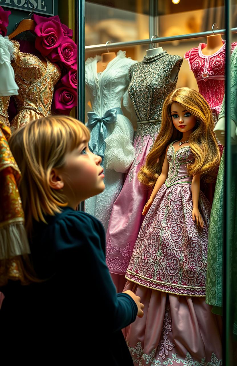 A poor girl gazing longingly at a beautiful doll on display, surrounded by an array of exquisite clothes designed for the doll