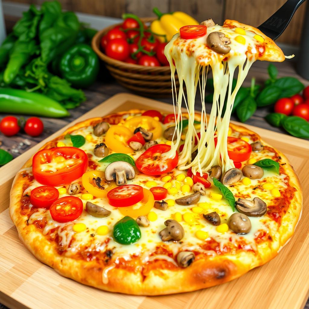 A delicious pizza topped with an abundance of melted cheese, colorful bell peppers in red, yellow, and green, fresh sliced tomatoes, mushrooms, and sweet corn kernels