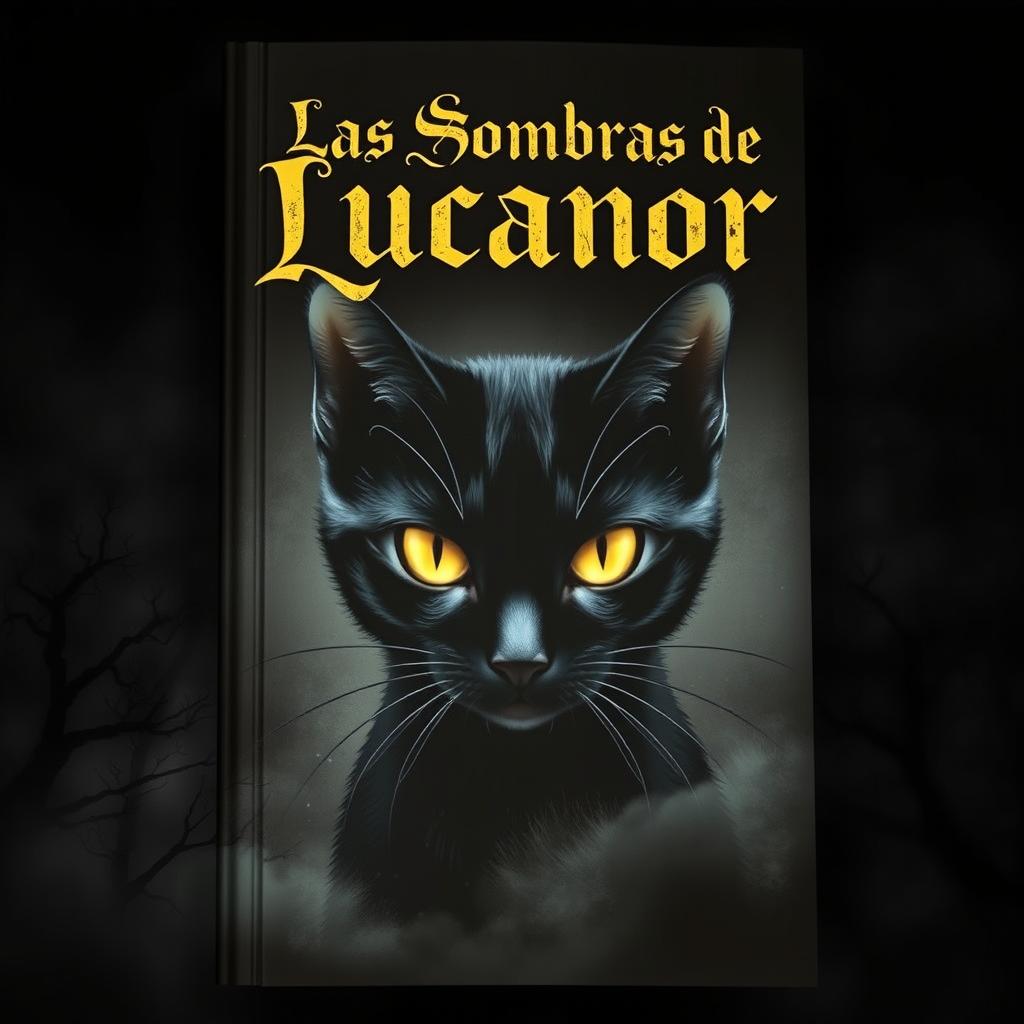 A captivating book cover featuring a mysterious cat named Lucanor with piercing yellow eyes, set against a dark, moody background