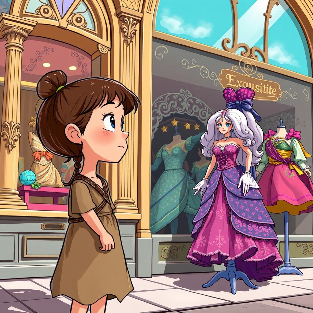 A cartoon-style illustration depicting a poor girl gazing longingly at a beautiful doll displayed outside an exquisite toy store