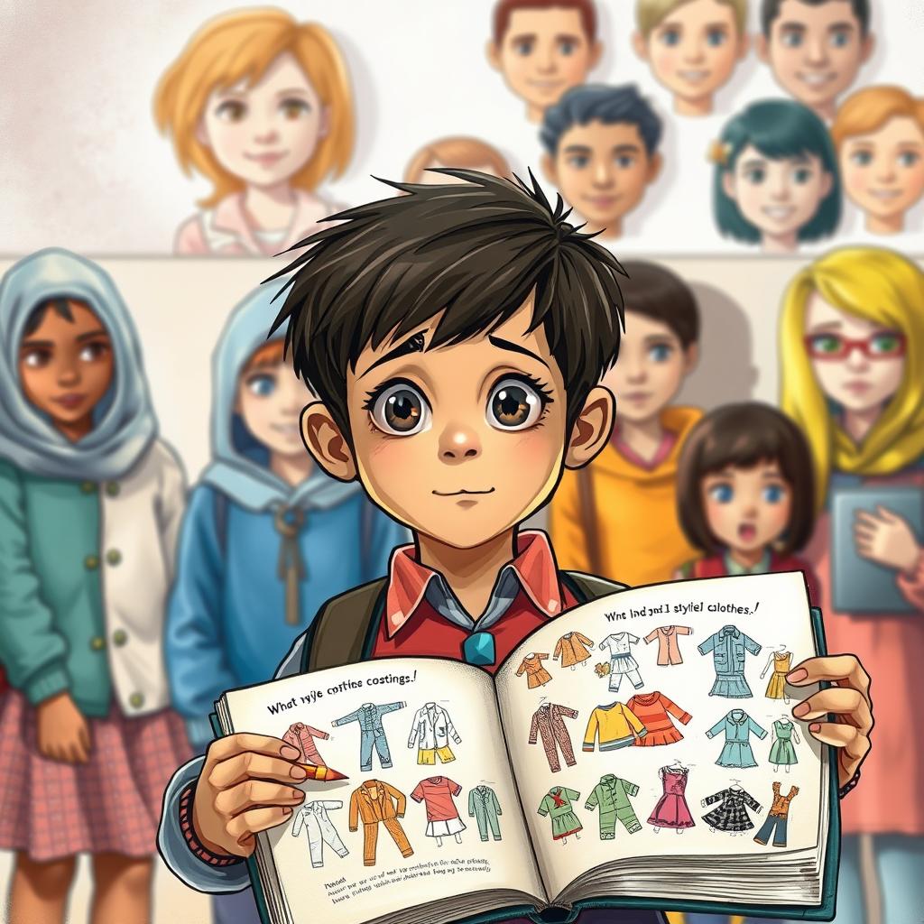 A powerful cover illustration showcasing a poor girl being teased by her classmates because of her old clothes, highlighting the emotional struggle she faces