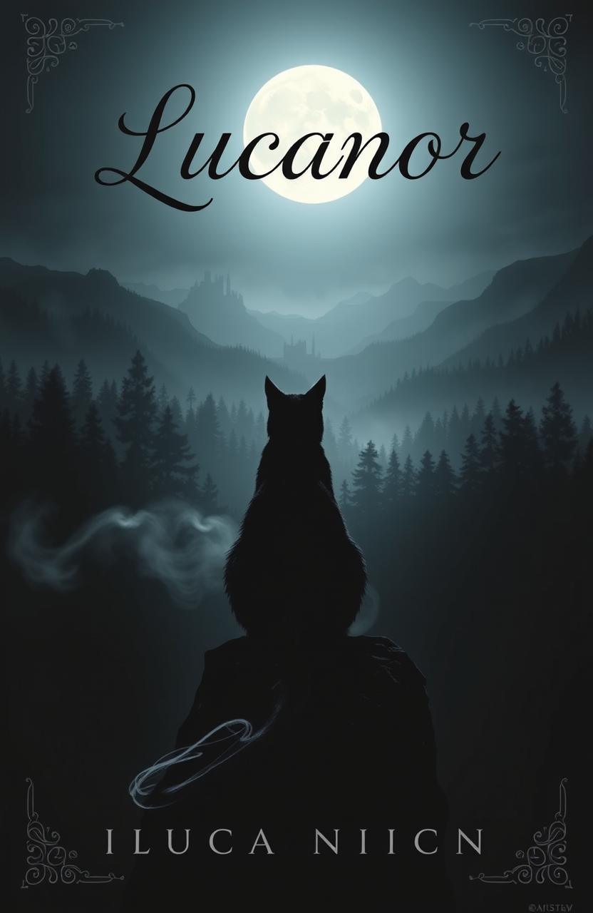 A mysterious book cover featuring a cat named Lucanor, with dark tones dominating the design