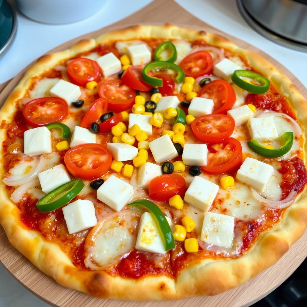 A freshly baked pizza featuring juicy tomatoes, soft paneer cubes, sweet corn, crunchy green capsicum, and sliced onions, all topped with melted mozzarella cheese