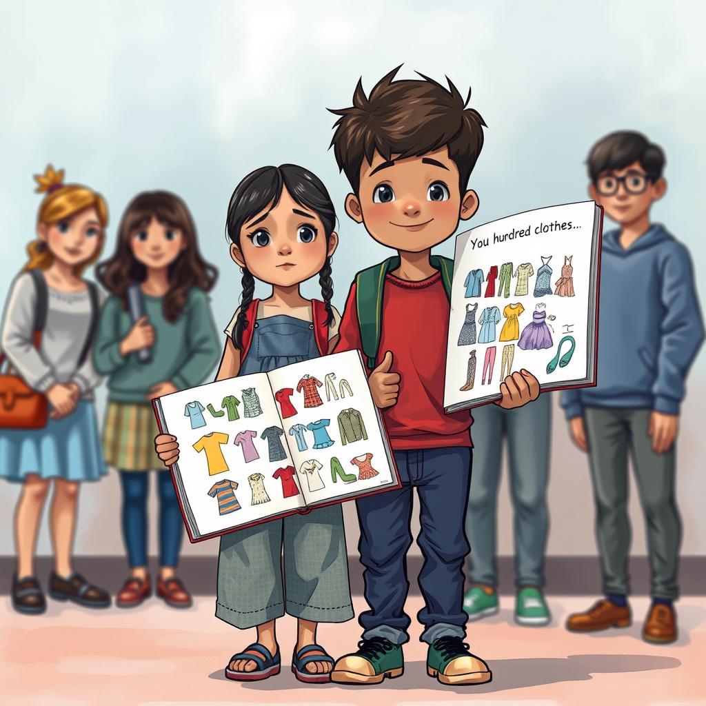 An inspiring cover illustration depicting a girl who is poor, standing with her head held high despite being teased by her classmates around her