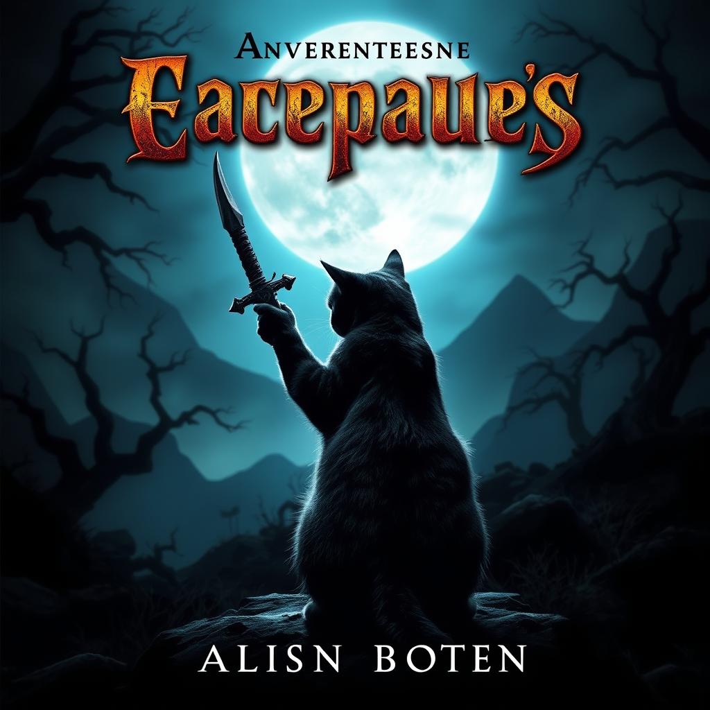A captivating book cover featuring a cat, poised dramatically with its back turned, holding a sword in its paw