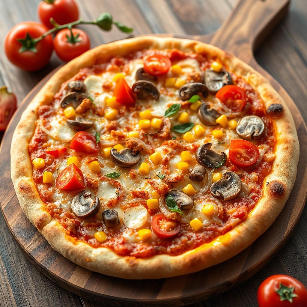 An appetizing pizza adorned with a generous layer of gooey, melted cheese, complemented by crunchy onions, fresh ripe tomatoes, sweet golden corn, tender mushrooms, and colorful capsicum (bell peppers) in shades of red, yellow, and green