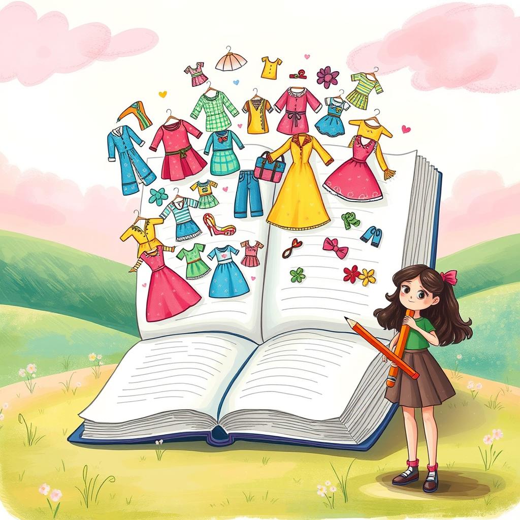 A whimsical illustration of a giant open notebook filled with colorful, hand-drawn clothes that appear to be floating off the pages, as if coming to life