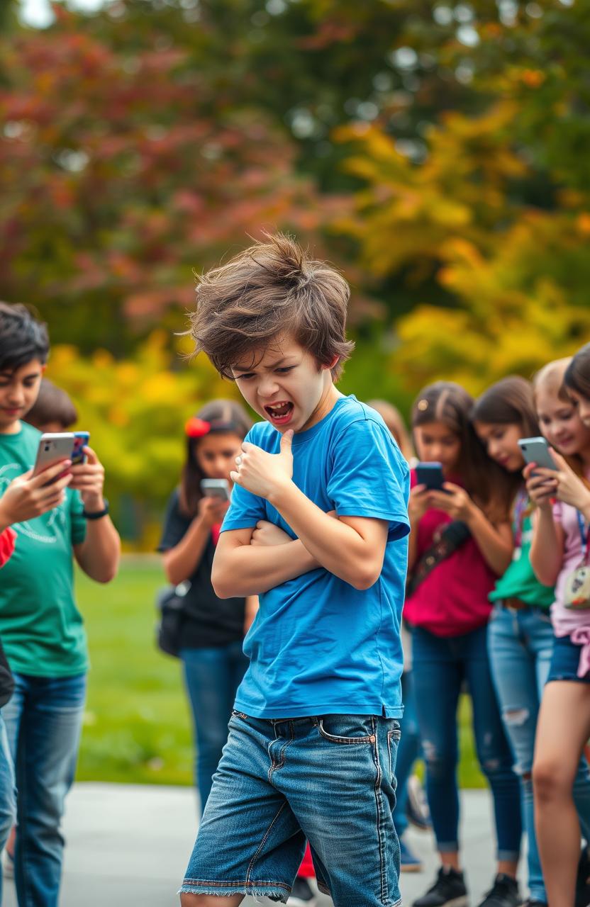 A young boy with messy hair and an intense expression, throwing a tantrum in frustration, while surrounded by various teenagers focused on their smartphones, some filming him