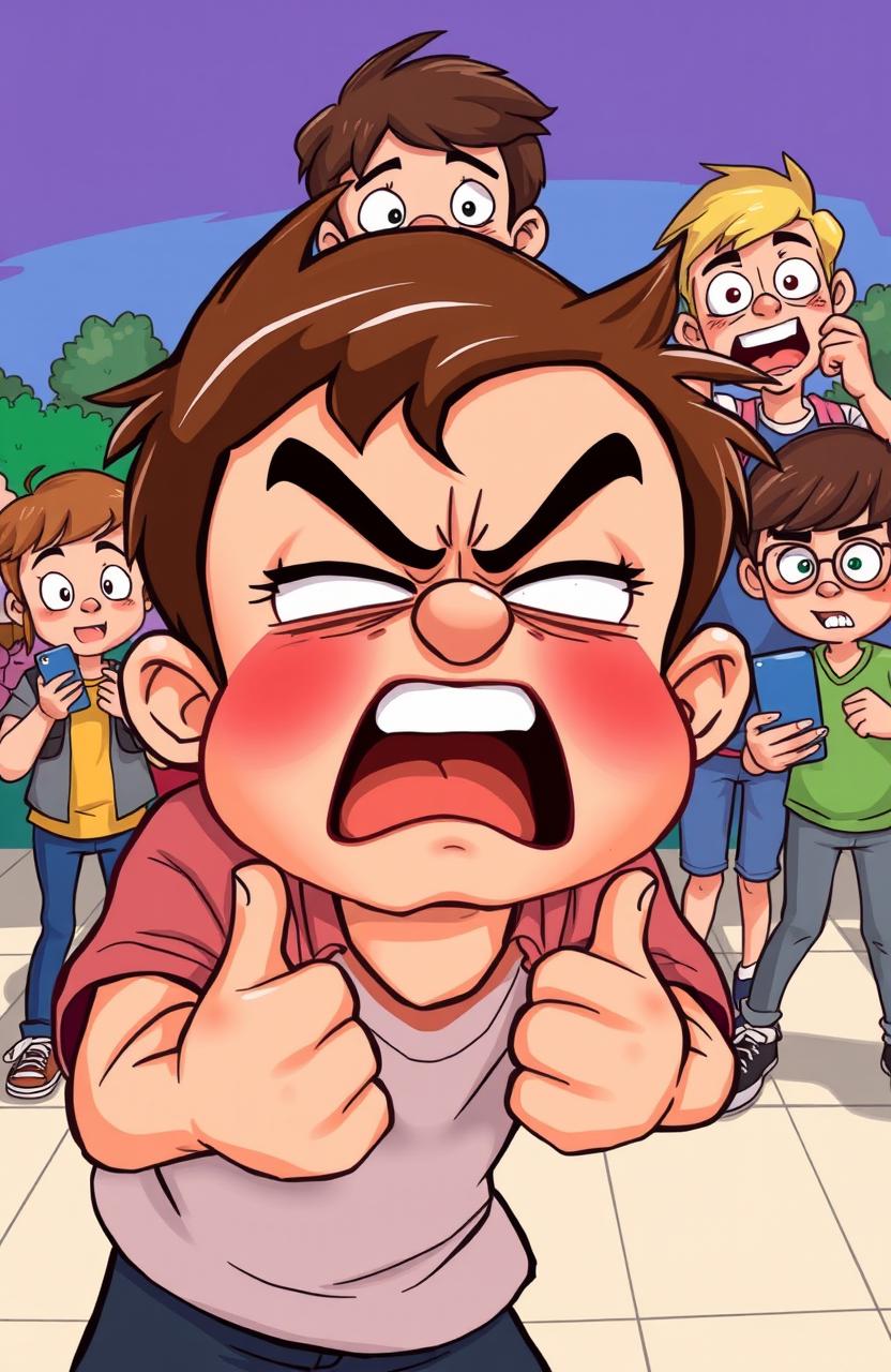 A cartoon-style illustration of a mad kid furiously expressing his rage at someone off-screen
