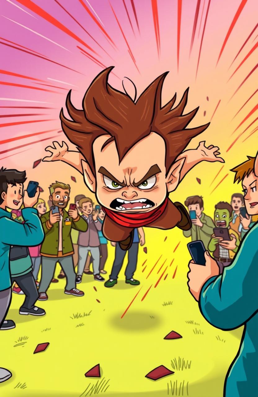 A cartoon-style scene featuring a furious child mid-air, ready to attack an unseen target