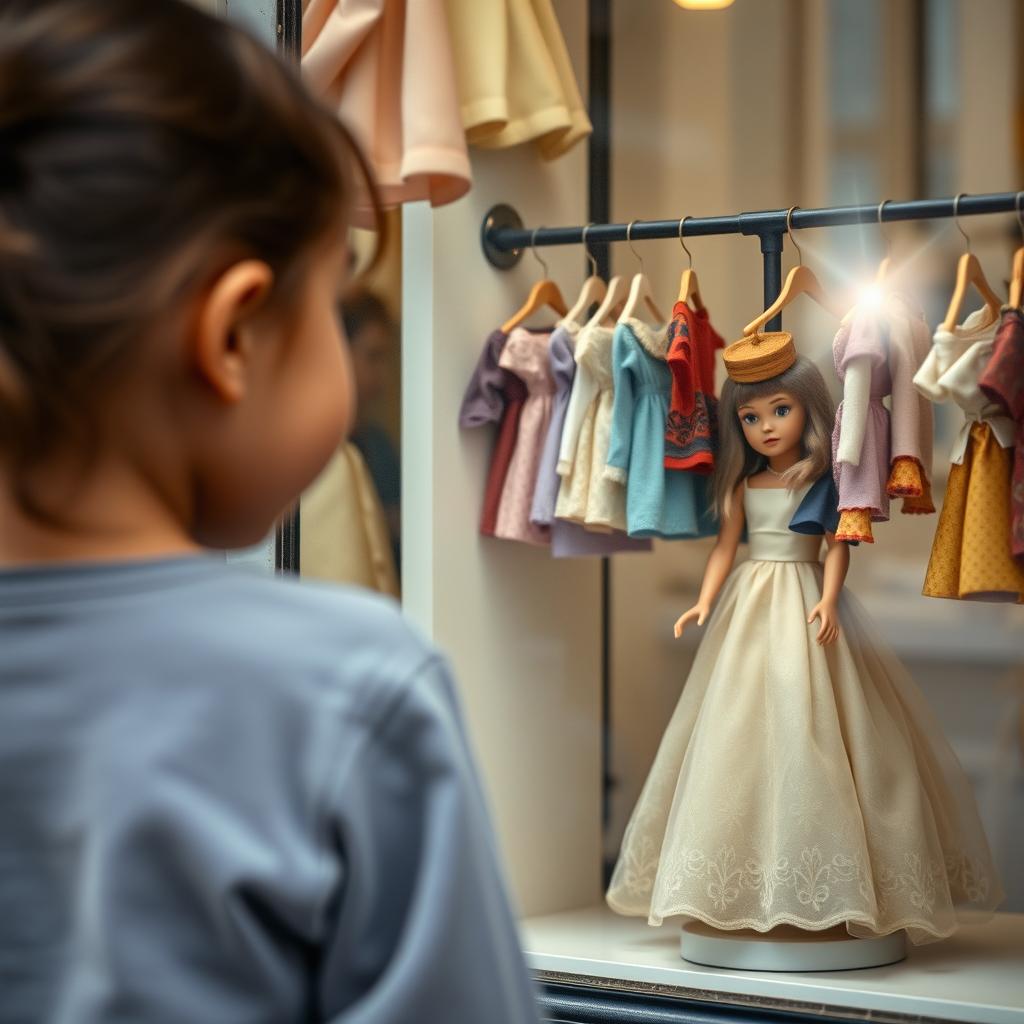 A touching scene of a young, poor girl standing outside a toy store window, her back facing the viewer