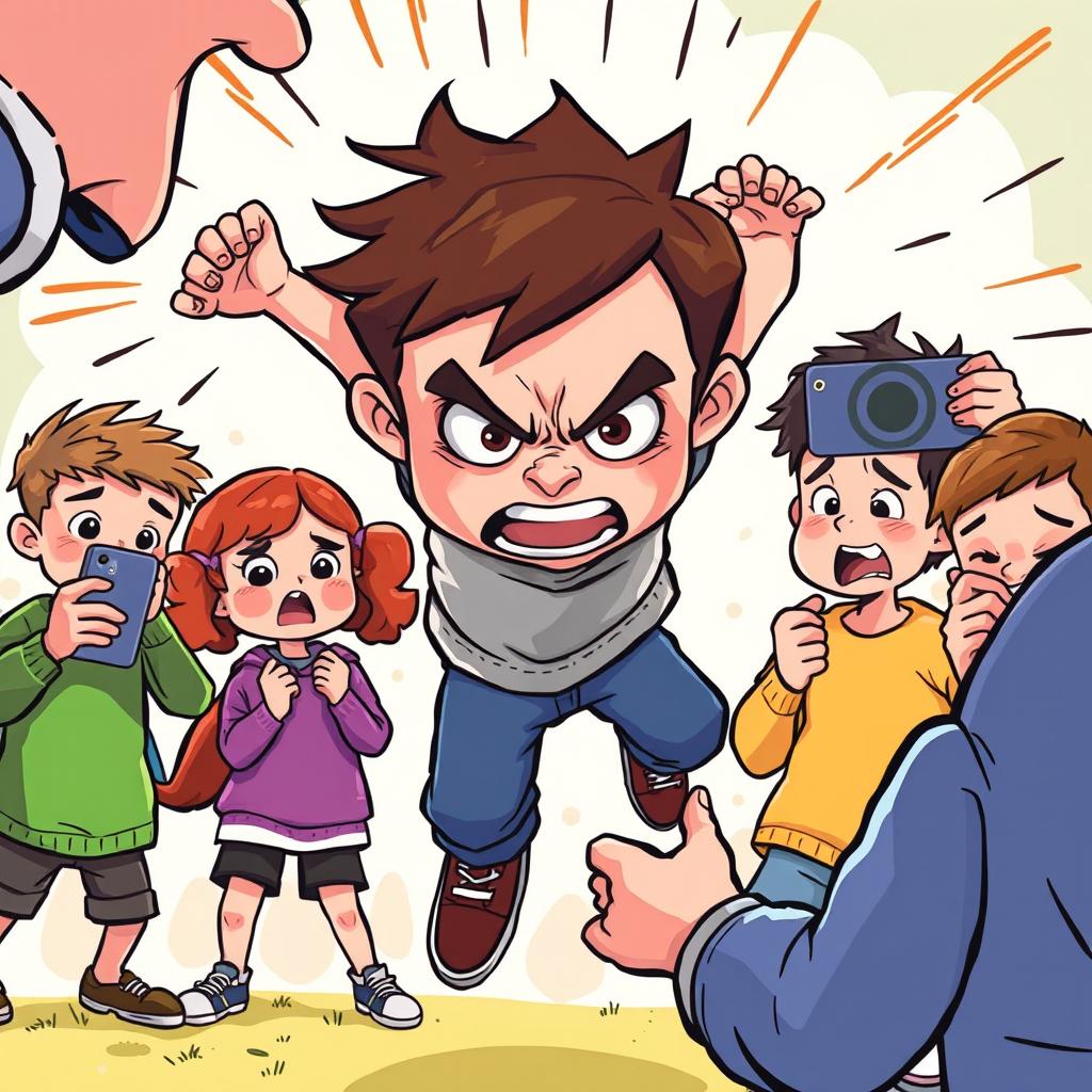 A cartoon-style illustration of a child in mid-air, furiously preparing to attack someone off-screen