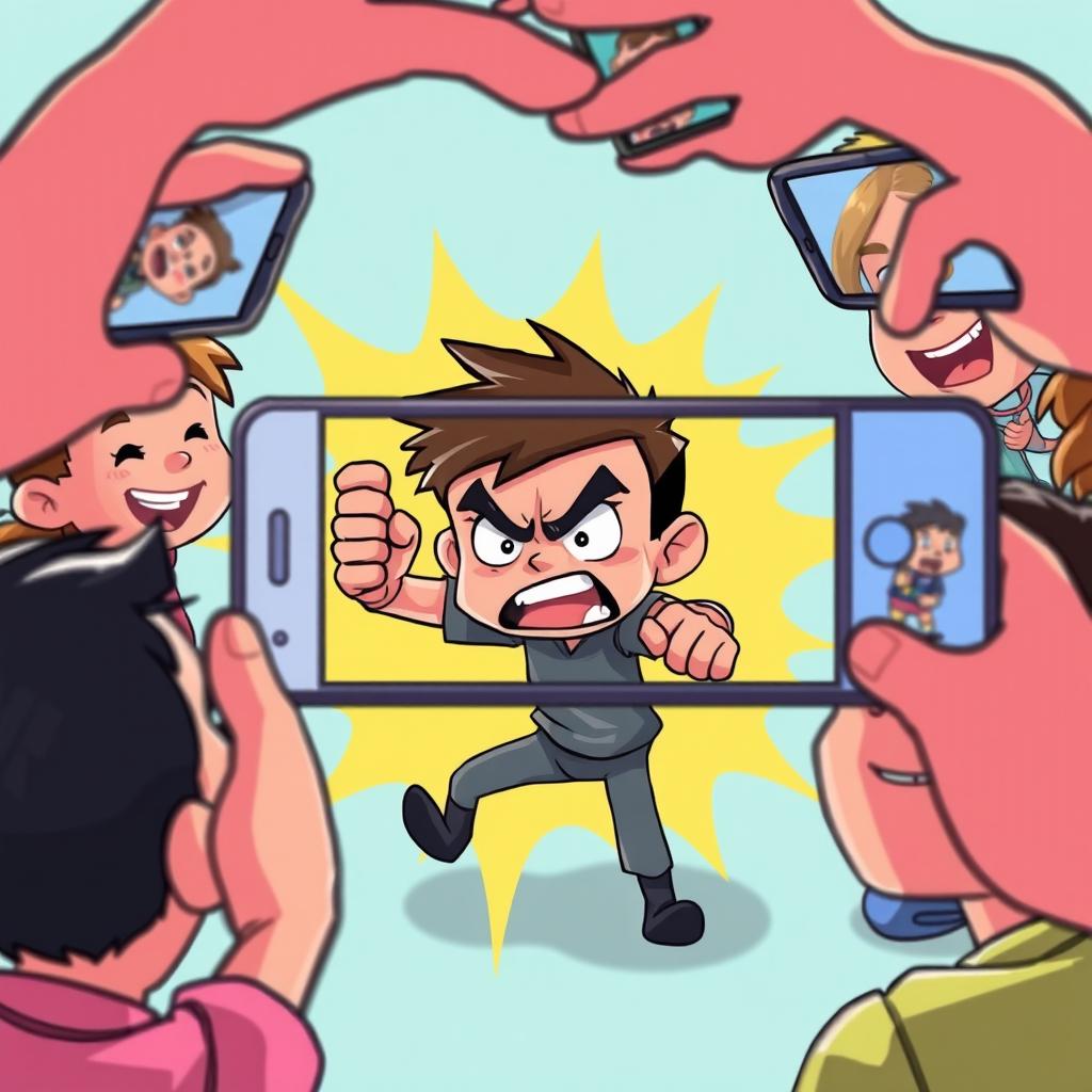 A lively cartoon scene depicting an angry child furiously beating up another unseen character