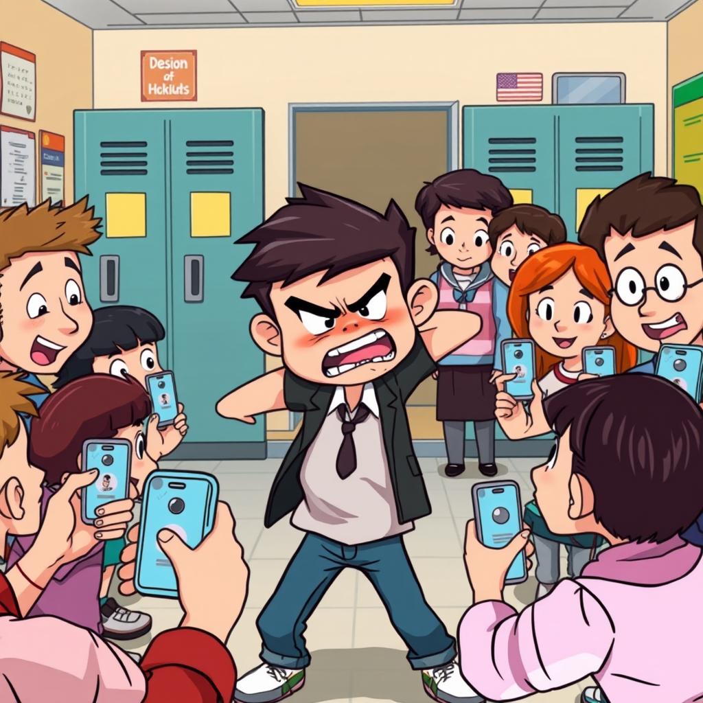 A cartoon illustration set in a school environment, depicting an angry child energetically beating up another kid who is out of frame