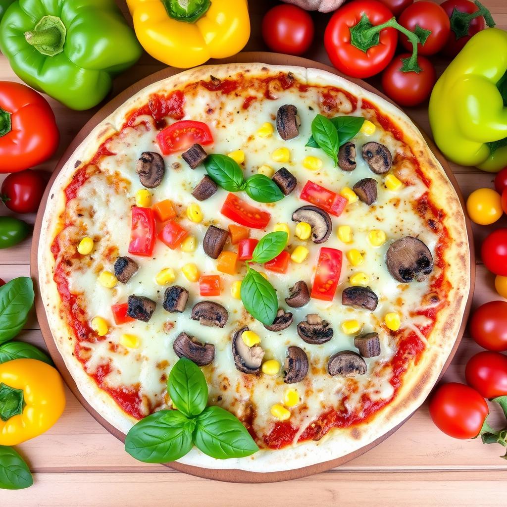 A mouthwatering pizza generously topped with a melty layer of cheese, featuring vibrant green capsicum (bell peppers), along with red and yellow capsicum, fresh tomato slices, savory mushrooms, and sweet corn kernels