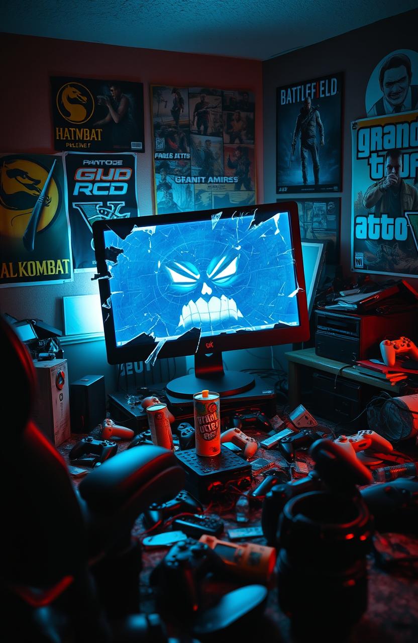 A shattered computer screen displaying a glitchy, angry face, set in a chaotic room filled with scattered gaming paraphernalia and broken furniture