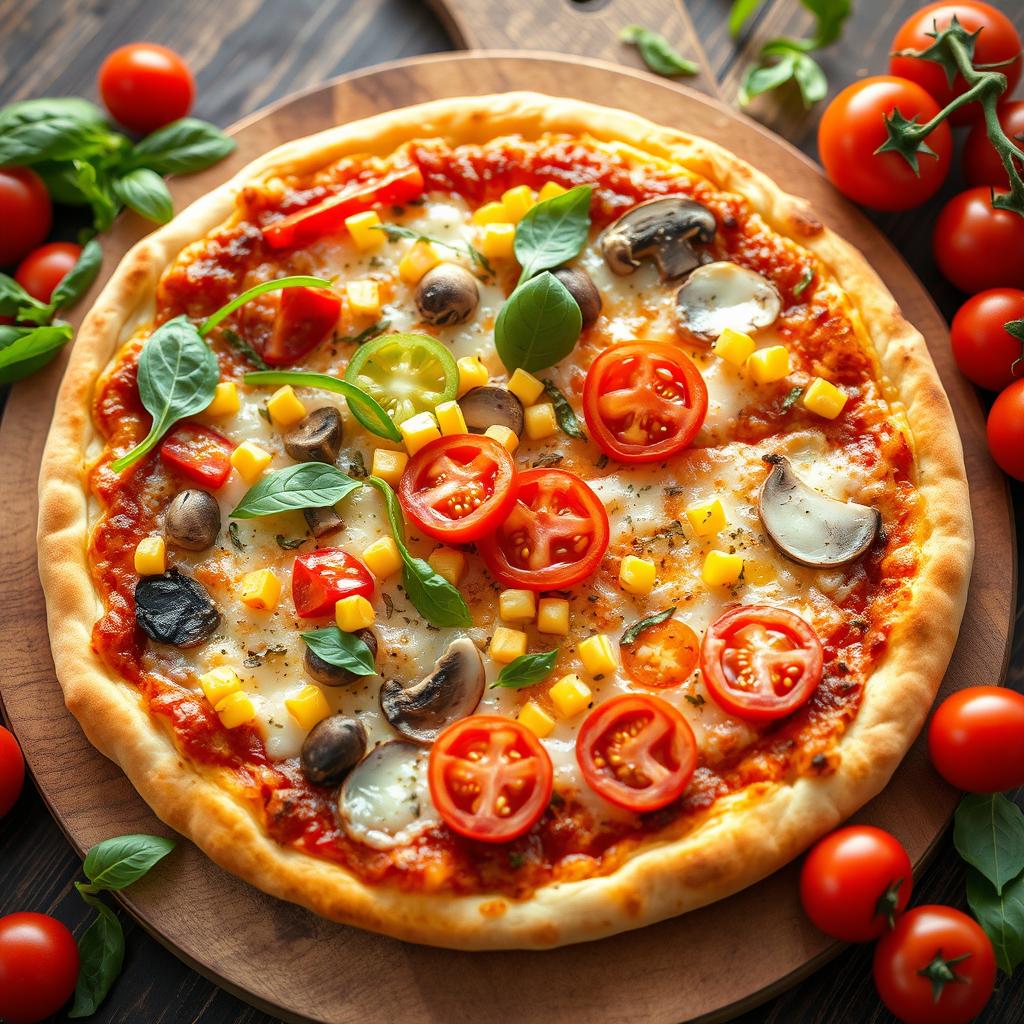 A visually enticing pizza with a perfectly golden-brown crust, generously topped with a melty layer of cheese and an array of colorful toppings including vibrant green, red, and yellow bell peppers, sweet corn kernels, fresh slices of juicy tomatoes, and tender mushrooms