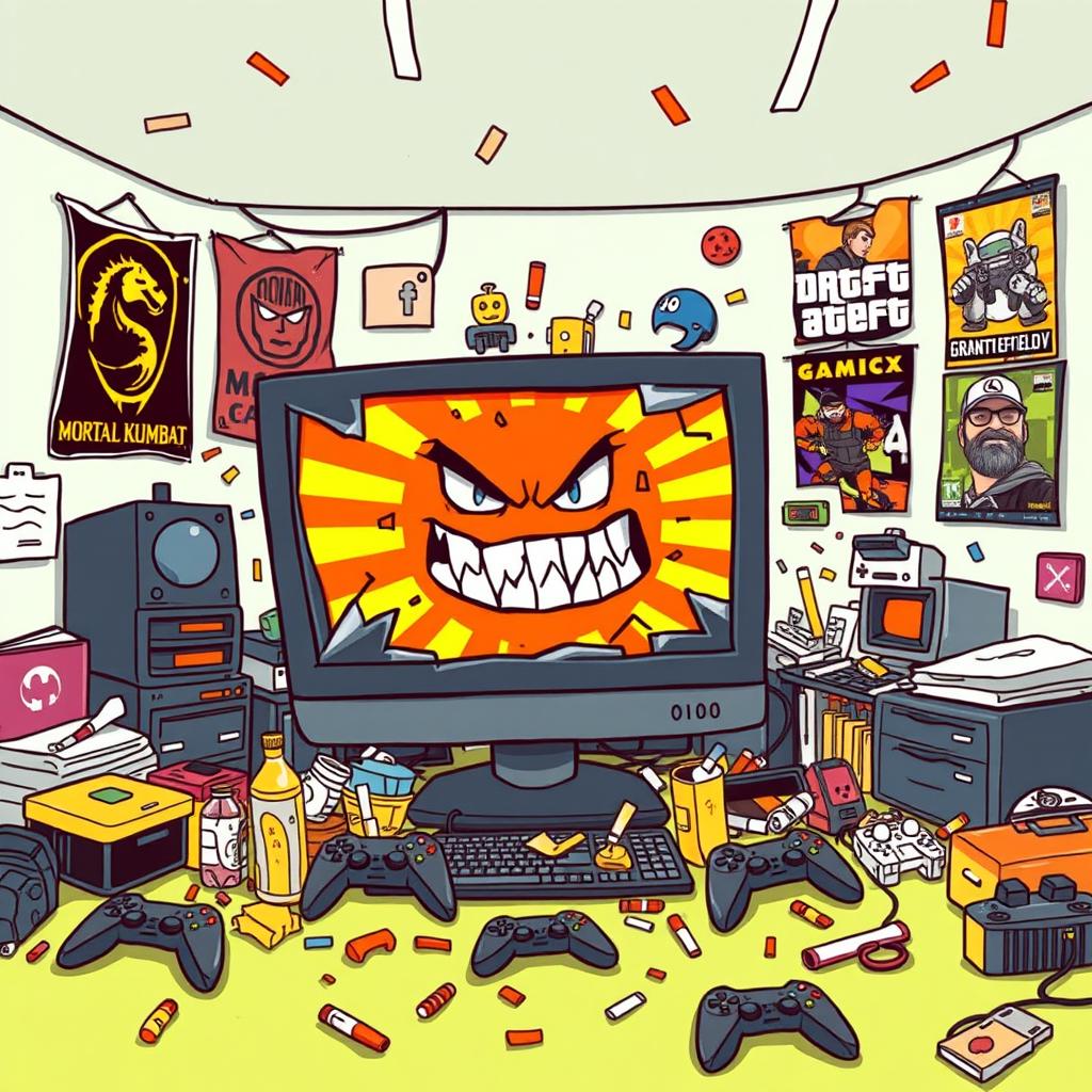 A cartoon-style illustration featuring a shattered computer screen displaying a glitchy, angry face, surrounded by a wildly messy room