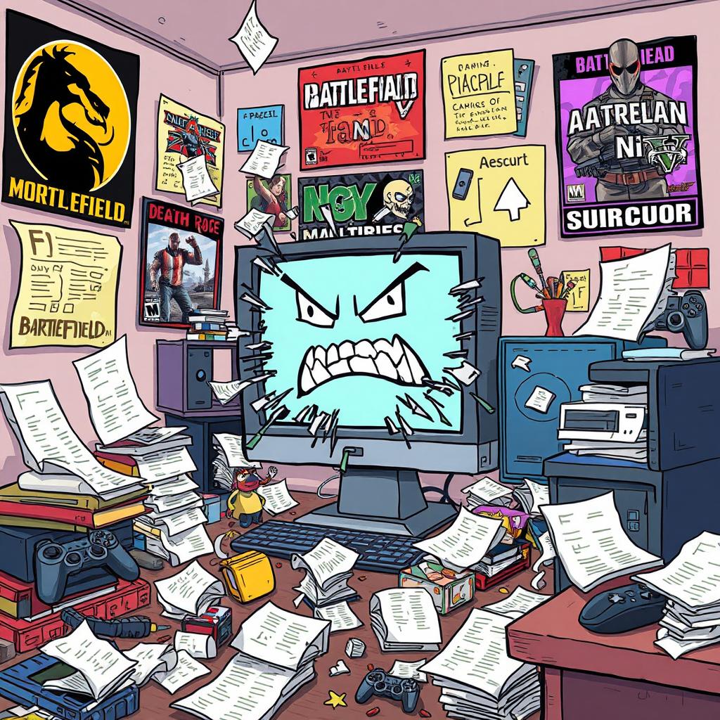 A cartoon-style illustration depicting a shattered computer screen with a glitchy, angry face, situated in a messy room filled with various gaming elements