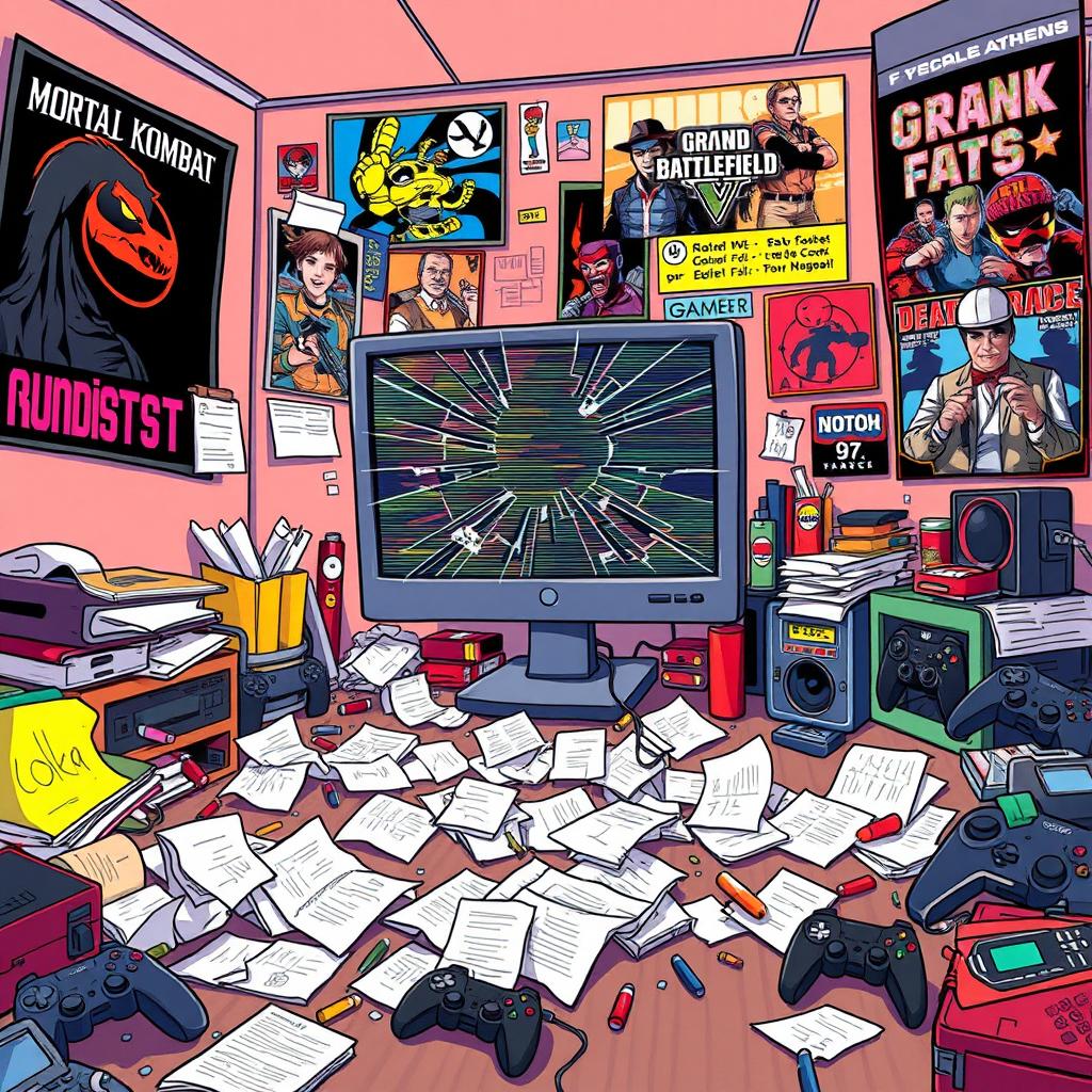 A cartoon-style illustration showcasing a shattered computer screen with a glitch effect, set in a messy room filled with elements from Mortal Kombat, Battlefield, Grand Theft Auto V, and Death Race