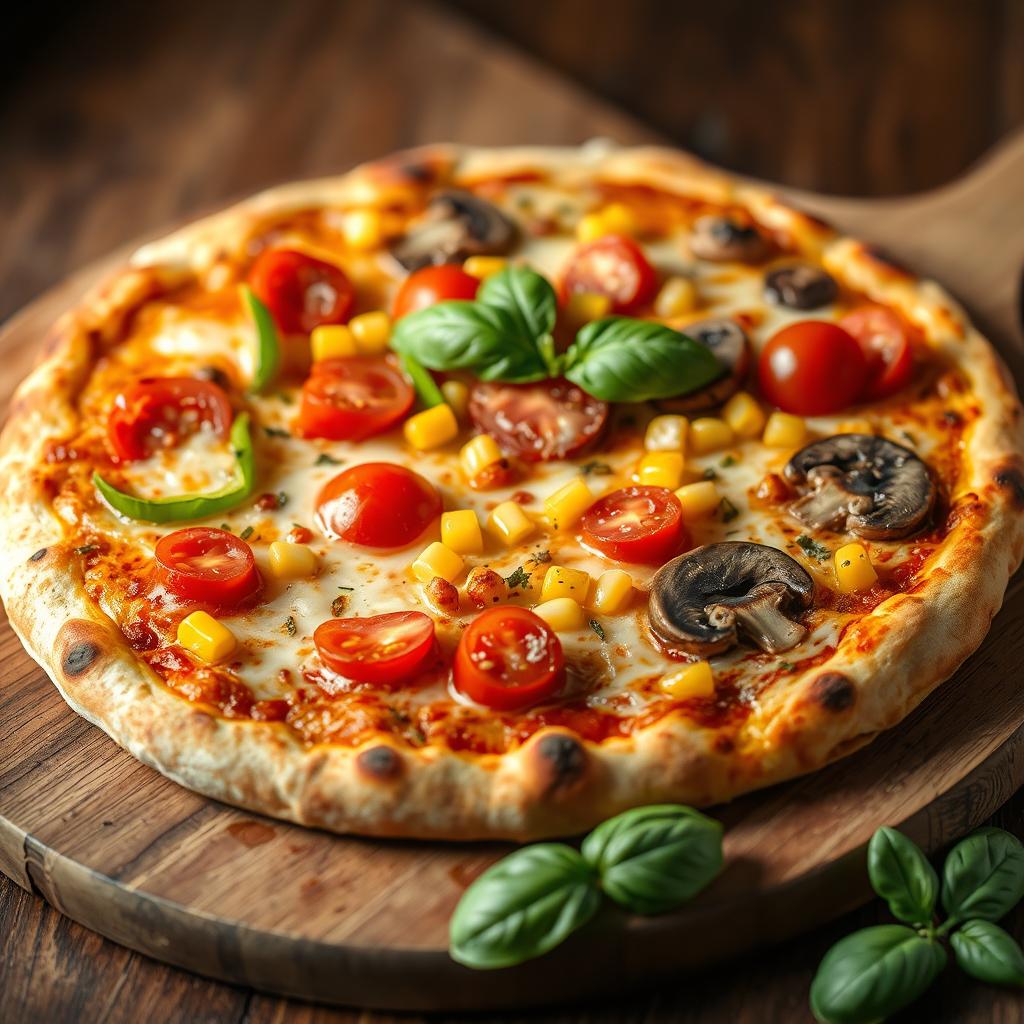 A delectable gourmet pizza showcased with a rich, golden-brown crust, lavishly covered with a bubbling layer of molten cheese