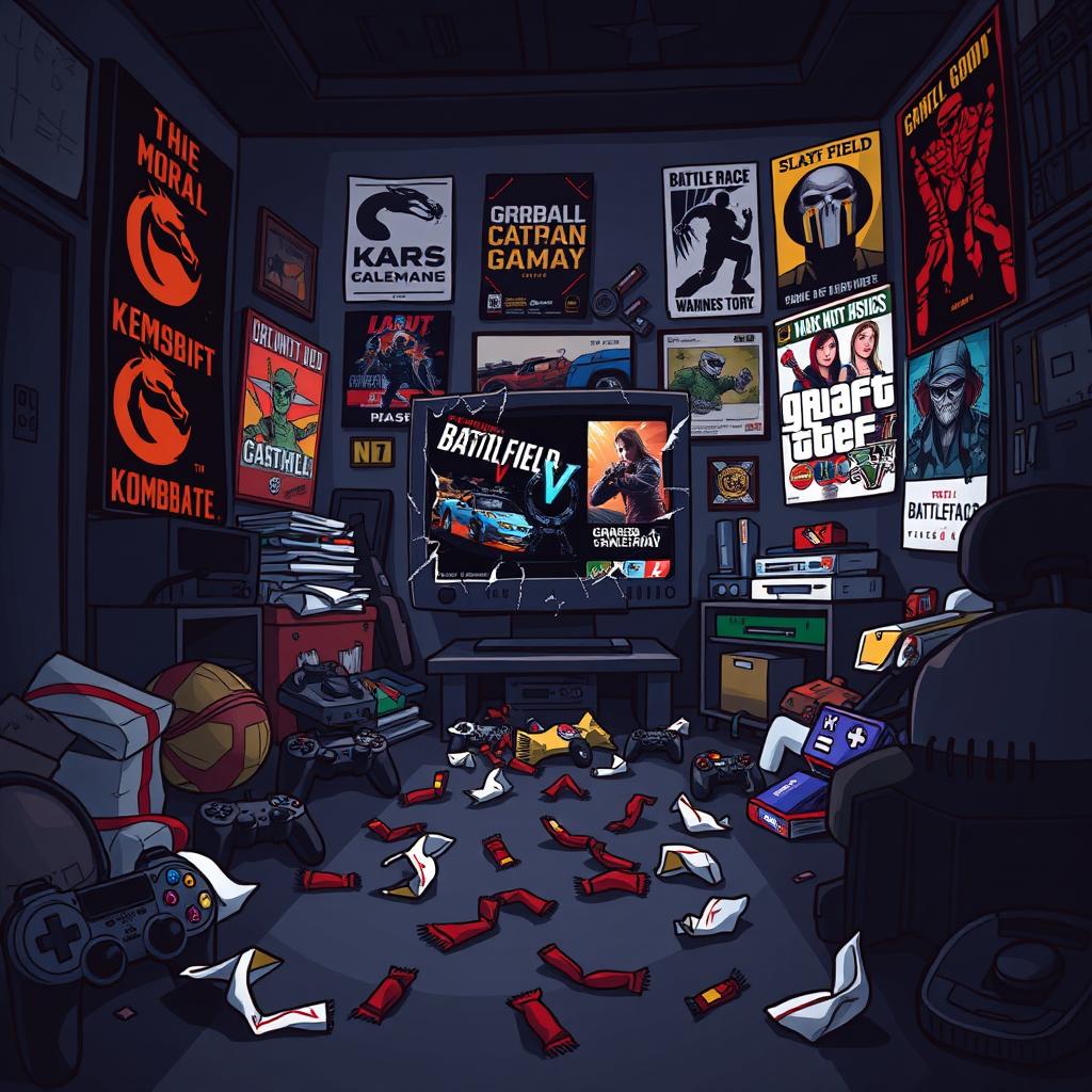 A cartoon-style illustration portraying a dark, messy room viewed from a distance